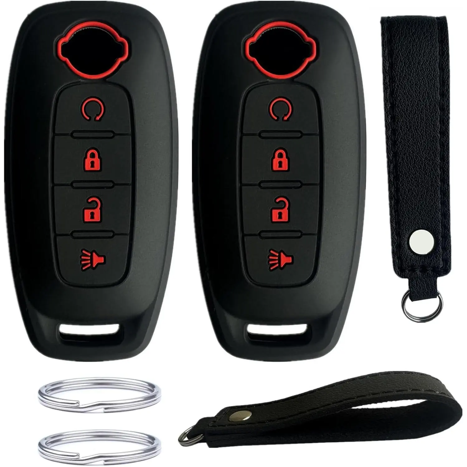 Car Key Protector, Thick Signal-Safe Eco-Friendly Durable Rubber 4-Button Remote Start Silicone Key Fob Cover, Multipack with Ropes Compatible with 2023-2024 Nissan Pathfinder Rogue, Black with Red