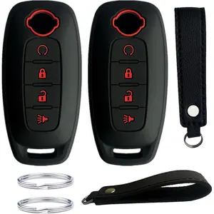 Silicone Key Fob Cover Compatible with 2023 2024 Nissan Pathfinder Rogue (4 Buttons(Remote Start), Black with red)