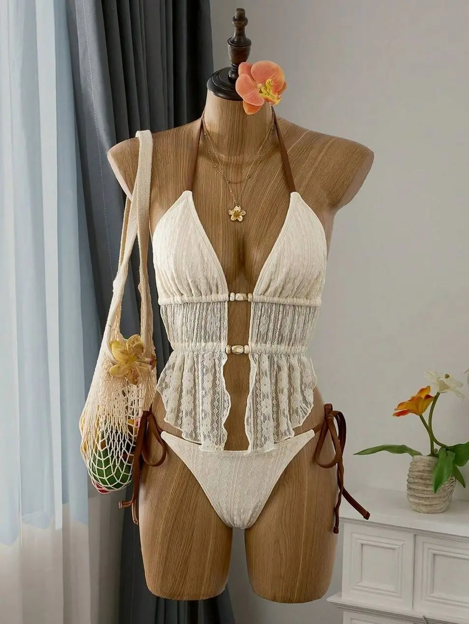 Bellisia Beige Floral Lace Mesh Beaded Tankini Swimsuit Set | Contrast Brown Halter Neck & Tie-Side Bottom | Boho Beach Bridal 2PC Bathing Suit