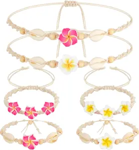 6 count Hawaiian Hibiscus Bracelets for Women Plumeria Bracelet Hibiscus  Pink White Flower Tropical Boho Tween Girl Party Favors Hawaiian Bangles Adjustable Beach Anklet Accessories for Women