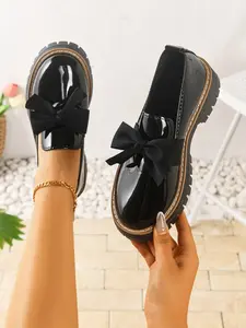 Women's Bowknot Loafers, Thick Sole PU Leather Shoes, Chunky Heel Design, All-Season Comfortable Footwear, Modest Style