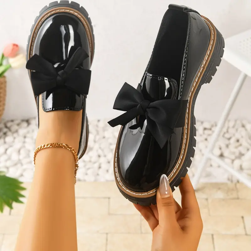 Women's Bowknot Loafers, Thick Sole Rubber PU Leather Shoes, Chunky Heel Design, All-Season Comfortable Footwear, Modest Style, Walking Shoes, Casual Fashion Shoes