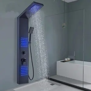 Shower Panel Tower System Stainless Steel Multi-Function, Wall Mounted Shower Panel 5 Shower Modes With Spout Rainfall Waterfall Massage Jets Tub Spout Hand Shower For Home Hotel Resort Split Type Matte Black