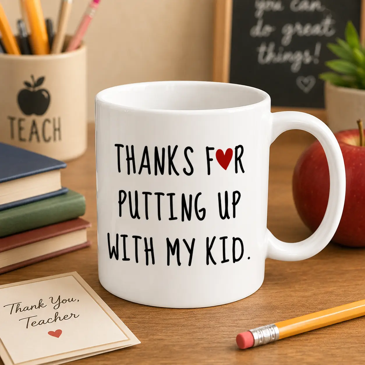 11oz White Ceramic Coffee Mug with Handle Grip, Ceramic Body Single Mug with "Thanks for Putting Up With My Kid" Text Print, Teacher Gifts for Women Educators (Back to School/Christmas Appreciation from Parents), Funny Quote