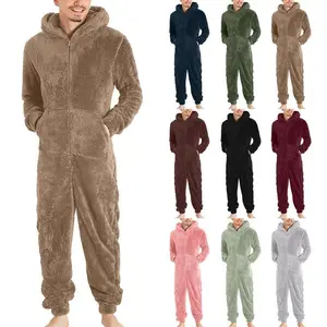 Men's Couple Zipper Warm Plush Jumpsuit Warm Pajamas Loungewear Menswear Nightwear Homewear Beige