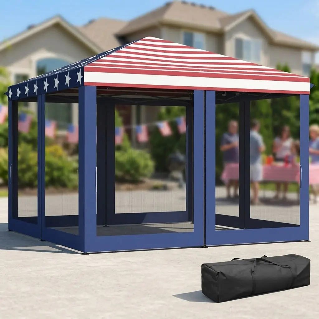 10x10 Pop Up Canopy Tent - Patriotic American Flag 4th of July Decor, Silver Coated Oxford Fabric, Adjustable Height Frame, Mesh Sidewalls, Carry Bag - Heavy Duty Instant Shelter for Outdoor Backyard Party, Vendor Market Fairs summerwins