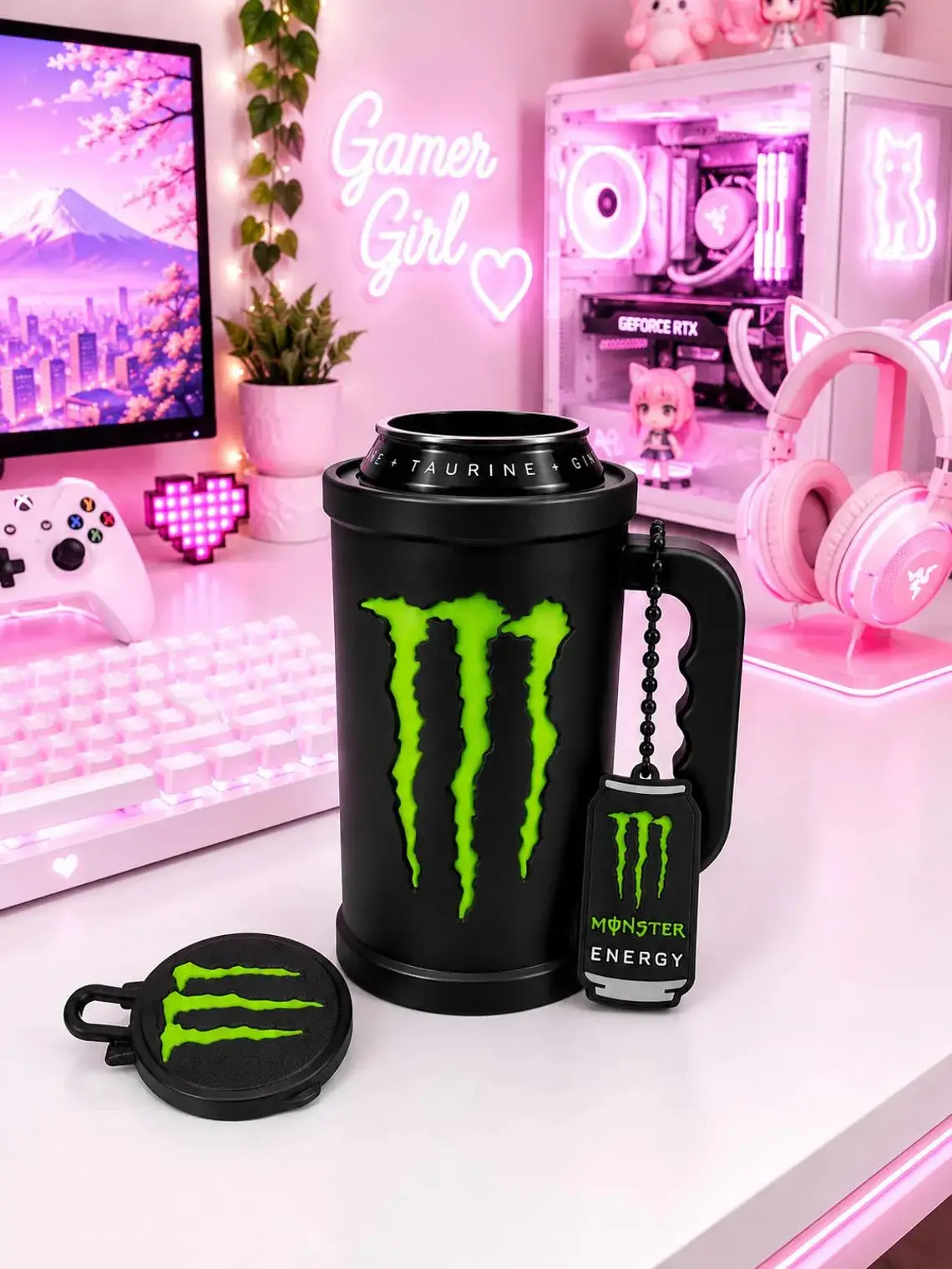 Gamer Theme Multi-Piece Monster Edition Set - Reusable 3D Printed Can Holder, Keychain Bottle Opener, Reusable Can Lid for Car Meets, Energy Drink Lovers