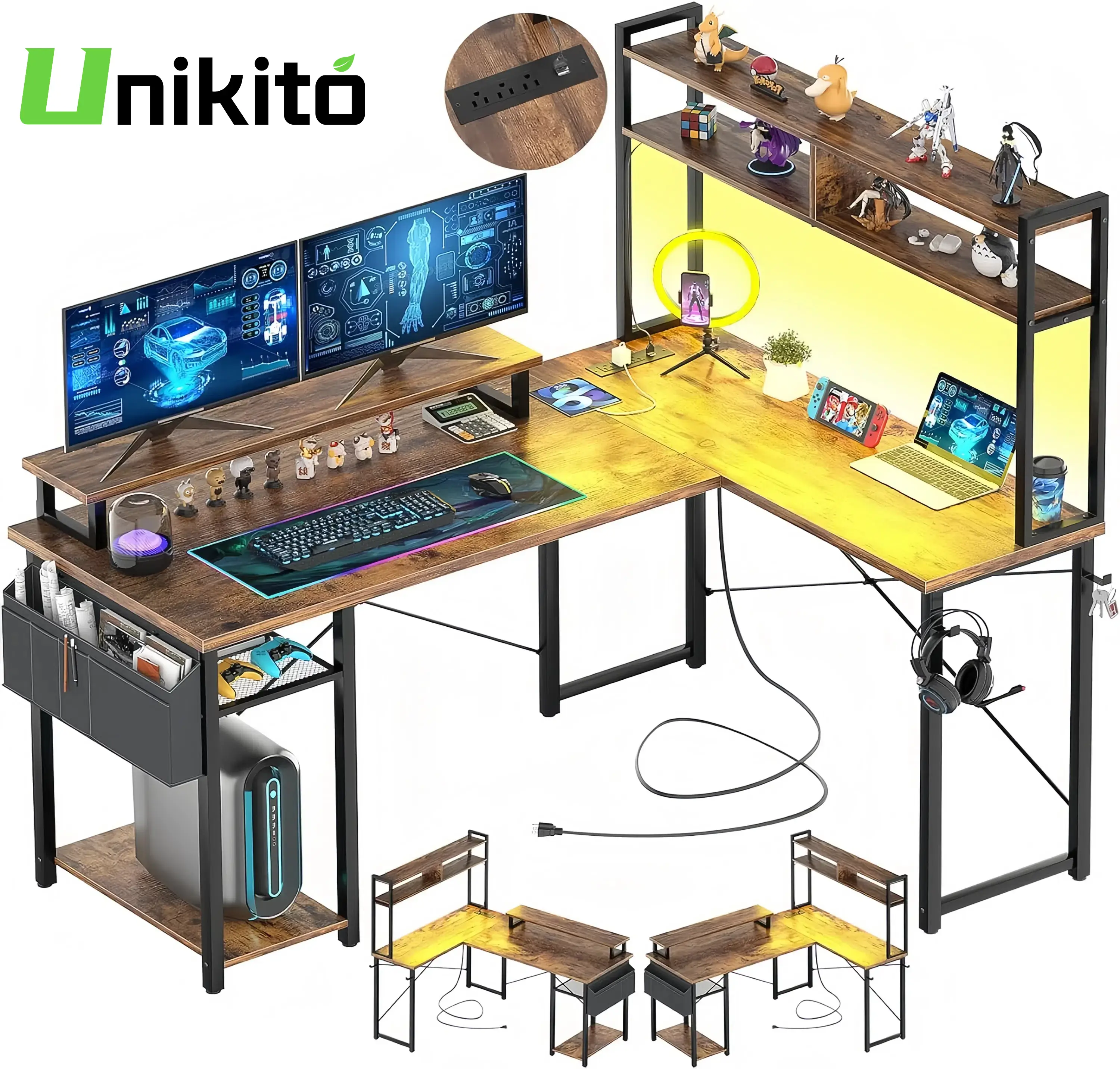 Unikito L Shaped Computer Desk with Hutch & Power Outlets – Reversible Gaming & Office Desk with Monitor Stand, Black Corner Electric Desk for Home Of