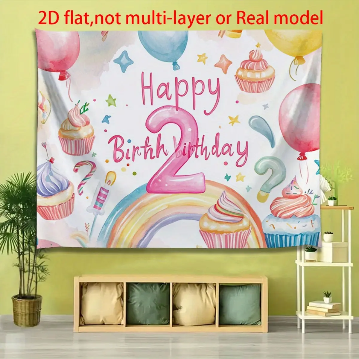 1PC 2D Flat Happy 2nd Birthday Backdrop - Extra Large Pastel Balloons/Rainbow Arch & Pink Number 2, Durable Polyester, Easy Hanging No Electricity Needed for Boys/Girls Parties & Multi-Occasion Indoor/Outdoor Decor Banners White