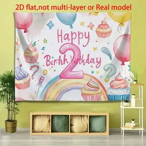 1PC 2D Flat Happy 2nd Birthday Backdrop - Extra Large Pastel Balloons/Rainbow Arch & Pink Number 2, Durable Polyester, Easy Hanging No Electricity Needed for Boys/Girls Parties & Multi-Occasion Indoor/Outdoor Decor Banners White