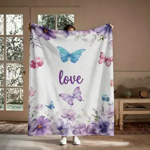 Watercolor Purple Floral Butterfly Flannel Throw Blanket, Soft Cozy Boho Love Quote Blanket, Warm Decorative Throw for Couch, Lightweight Breathable