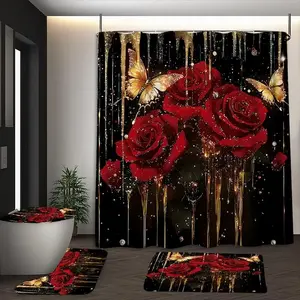 1pc/4pcs rose and butterfly pattern shower curtain set, non-slip floor mat, U-shaped carpet, toilet lid cover, perfect for bathroom decoration, partition, beautify the space, free 12 shower curtain hooks, Bathroom Decoration Accessories
