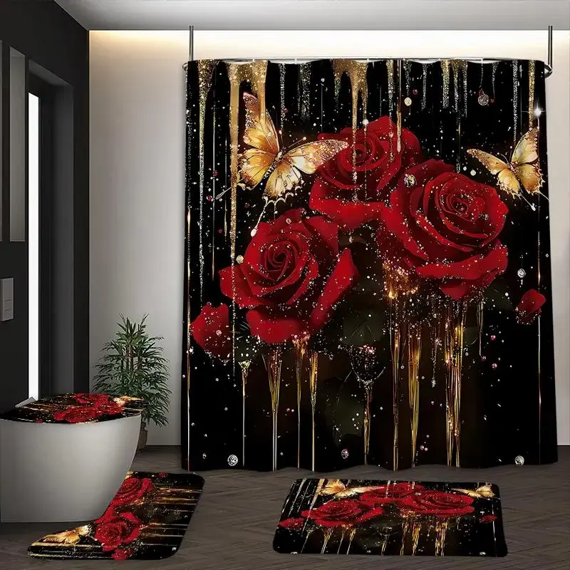 1pc/4pcs rose and butterfly pattern shower curtain set, non-slip floor mat, U-shaped carpet, toilet lid cover, bathroom decoration, partition, free 12 shower curtain hooks, Bathroom Accessory, Bathroom Decor And Accessories