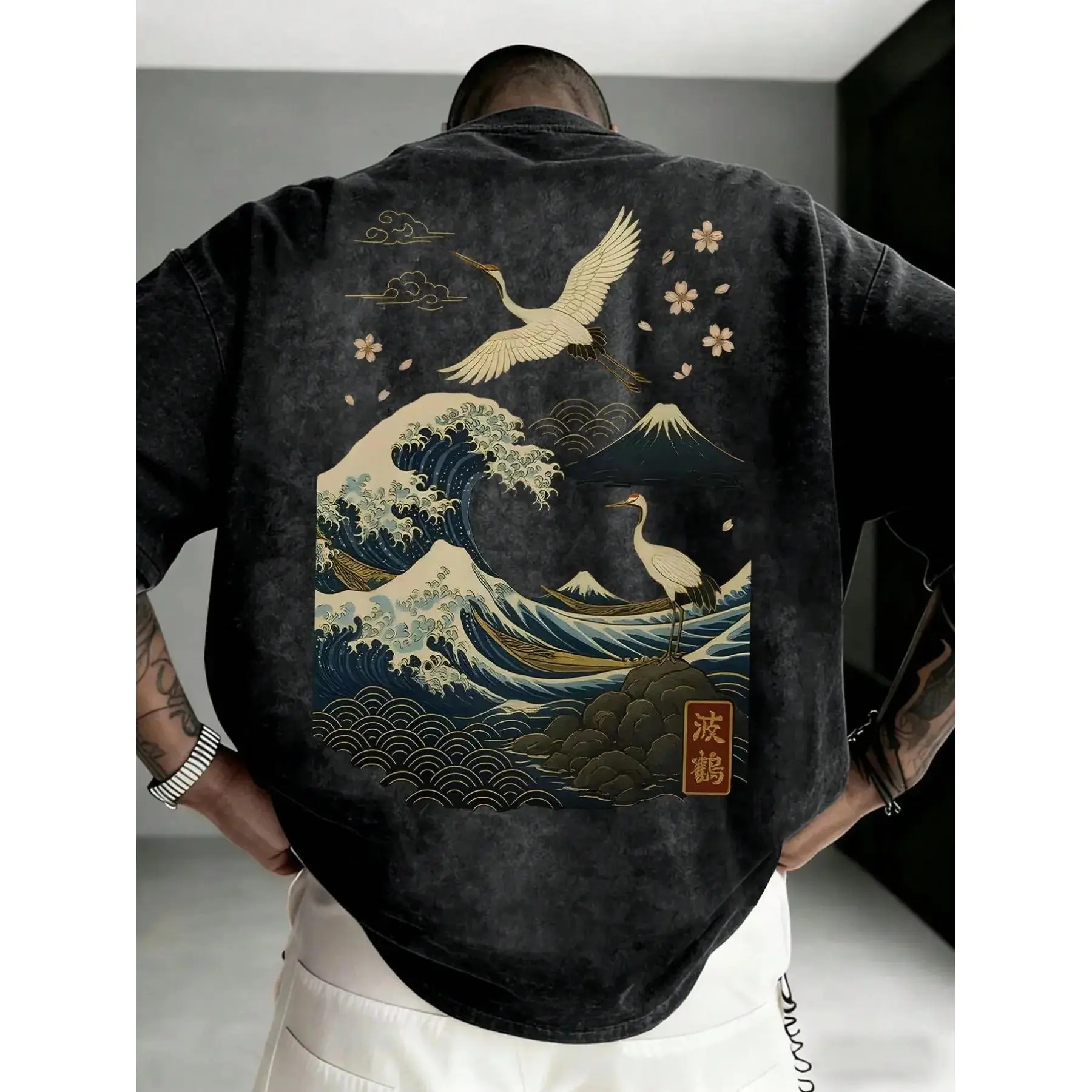 Pure Cotton Washed Japanese Ukiyo-E Large Size T-Shirt, Kanagawa Wave Crane Cherry Blossom Fuji Mountain Print, Street Style Streetwear Harajuku Casual Heavyweight Short Sleeve