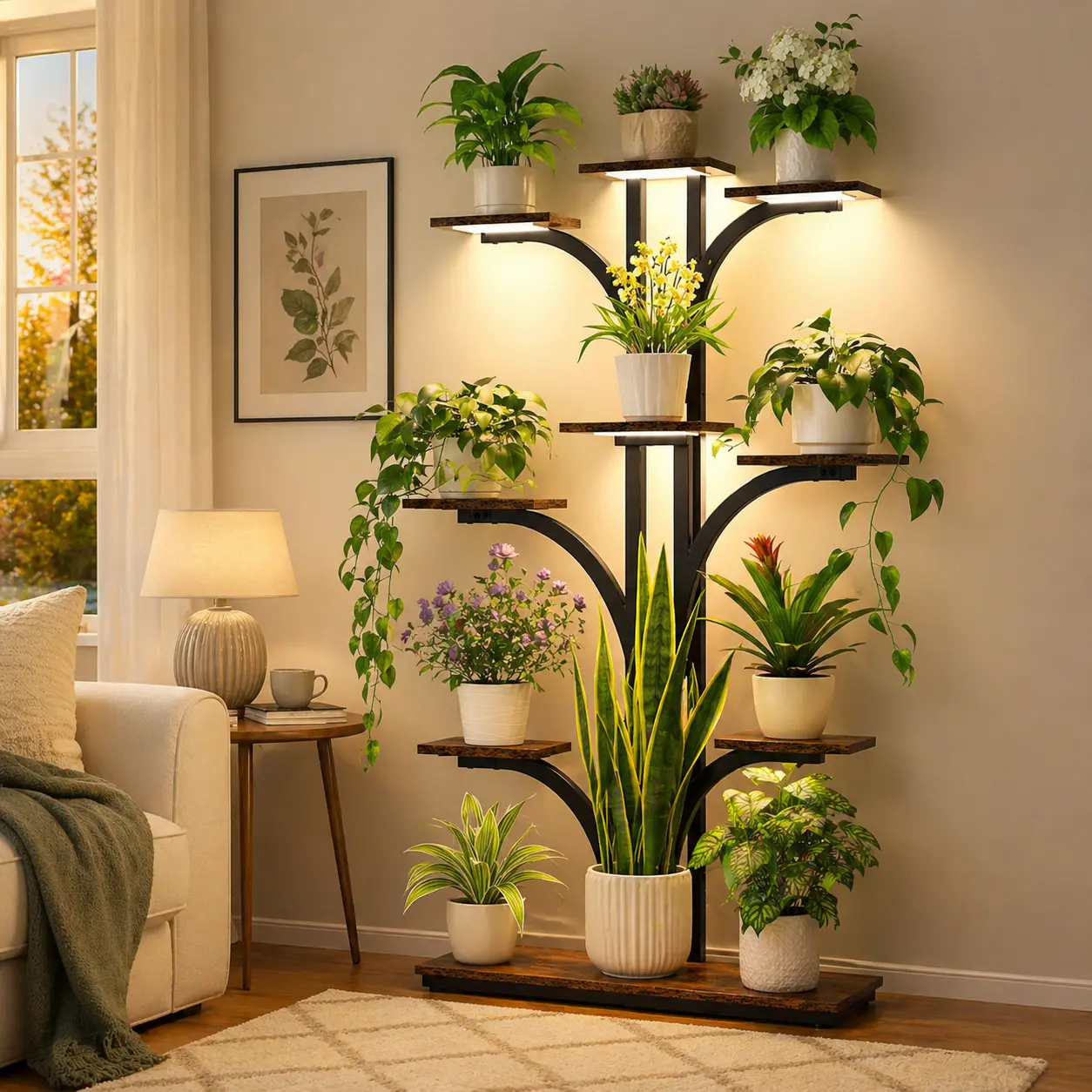 9-Tier Plant Stand with Grow Lights, Indoor Multi-Layer Flower Shelf, Wooden Metal Corner Plant Rack for Living Room Bedroom