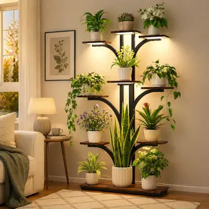 9-Tier Plant Stand with Grow Lights, Indoor Multi-Layer Flower Shelf, Wooden Metal Corner Plant Rack for Living Room Bedroom