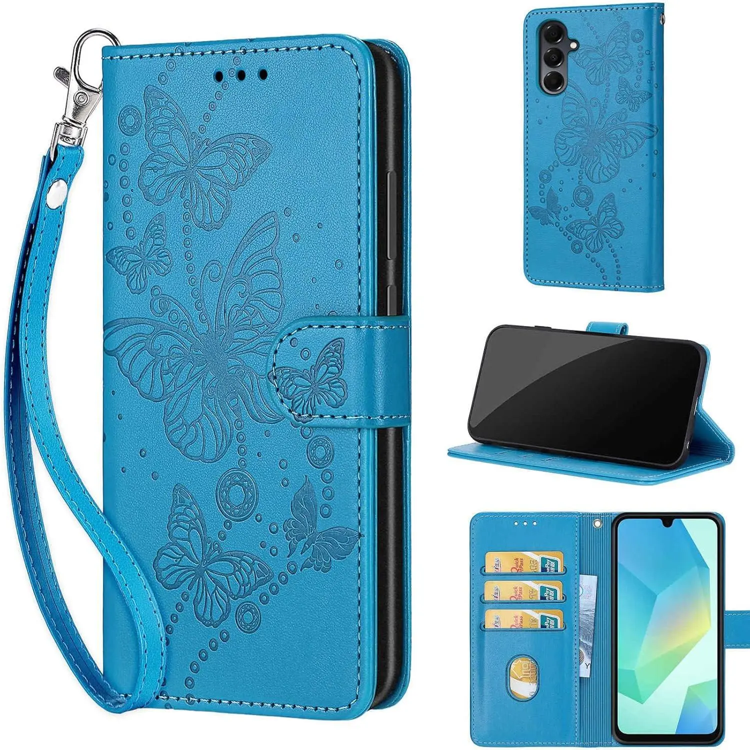 Women's Embossed PU Leather Flip Folio Wallet Casing for Samsung Galaxy A16 5G Smartphone - Handheld Cellphone Device Case with Stand, Credit Card Slots, Wrist Strap (Blue Butterfly), Devices