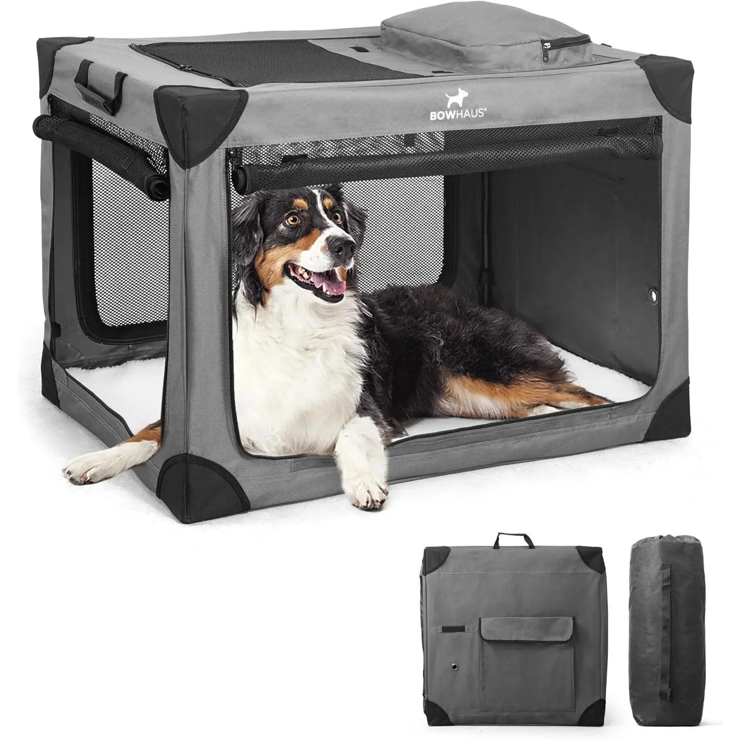 BOWHAUS 36 Inch Portable Travel Dog Kennel for Medium Dogs with Durable Mesh Windows and 2 Storage Pockets, Indoor & Outdoor for Car, Soft-Sided Collapsible Dog Crate with 4 Breathable Mesh Door