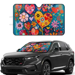 Car Sunshade Auto Window Shade | Colorful Hearts and Flowers Pattern with Love Text, Polyester, Universally Applicable for Car Interior Protection, Windshield Sunshade, Front Windshield Sunshade