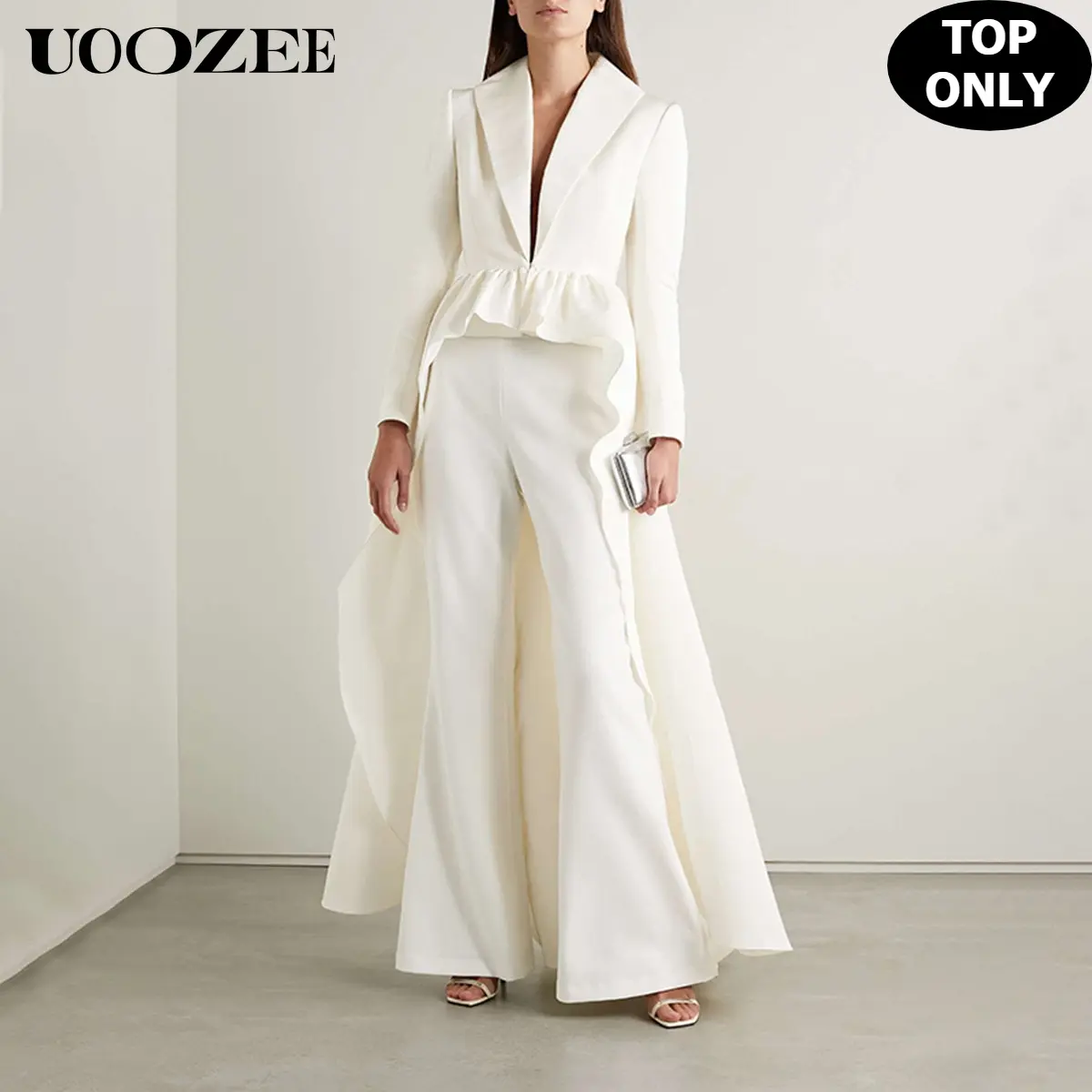 UOOZEE Women's Chic High-Low Peplum Blazer Jacket, Lightweight Breathable Polyester for Lady's Everyday & Evening Outfits, Fitted, Asymmetric, Earrings, Metallic, Smooth, Bodysuit, Camisole, Minimalist, Sheer, Ruffled, Formal