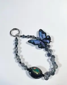 Vintage Dark Blue Butterfly Mobile Phone Chain Heavy Flash Handmade Retro Gorgeous Pendant Vintage Charm for Smartphone Cellphone