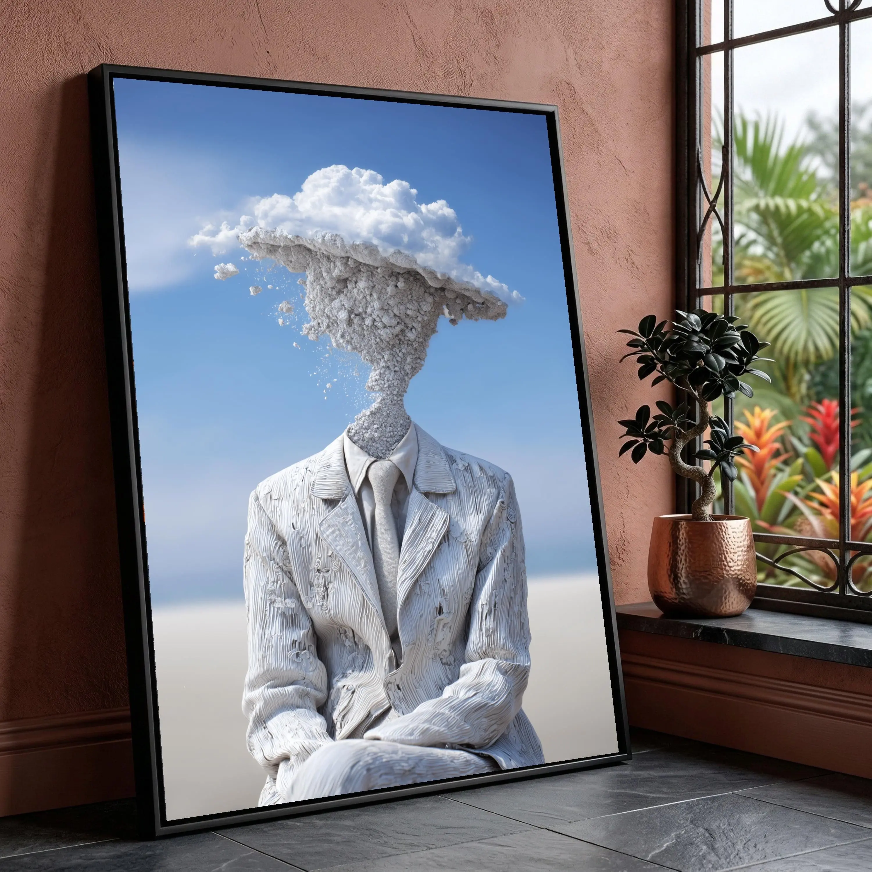 [Sale off up to 40%] [Frame Canvas] Surreal Businessman Sculpture Canvas, Cloud Head Art, Abstract Figure Wall Art, Dreamy Sky Decor, Modern Surrealism Canvas