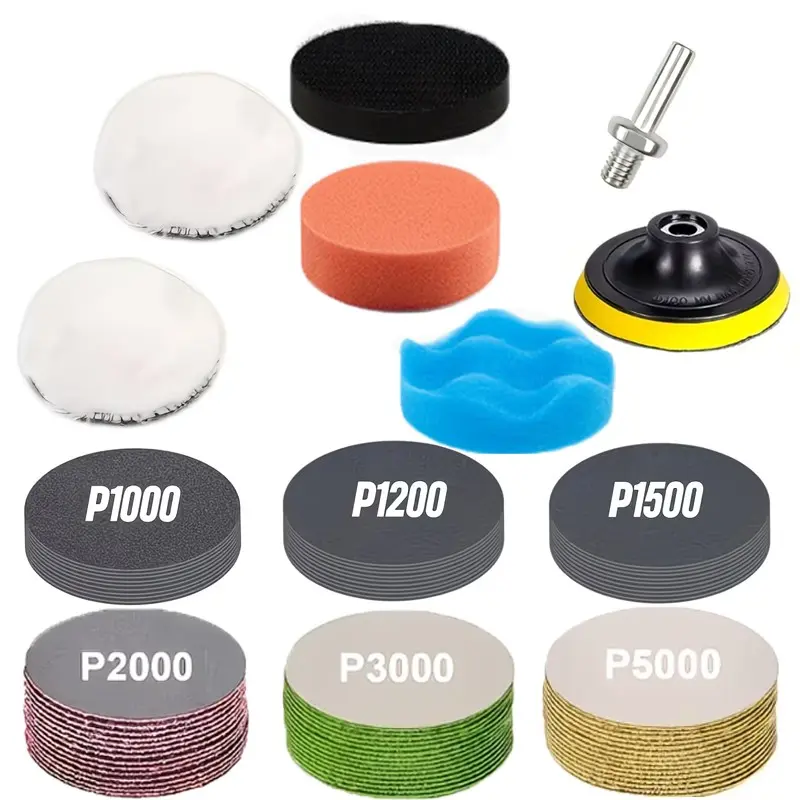 67-Piece Car Polishing Kit, Includes 2 Polish Pads, 2 Sponge Pads, 1 Adapter Pad, 60 Sanding Sheets, for Automotive, Rotary Tools and Metal Polishing, Car Polisher Tool, Polishing System