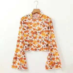 Orange Floral Printed Bell Sleeve Mock Neck Scallop Trim Blouse