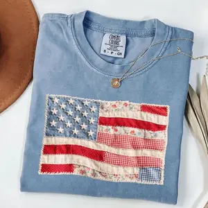 Comfort Colors 4th of July Tshirt, Retro American Flag Faux Patchwork Patriotic Tee, Retro USA Flag Shirt, Soft Cotton, Full Size.