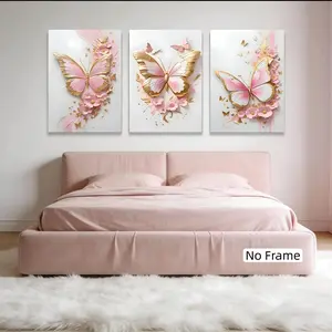 3pcs Modern Butterfly Print Unframed Wall Art Posters, Solid Wood Frameless Design, Home Decor for Living Room & Bedroom, Girls' Favorite Gift