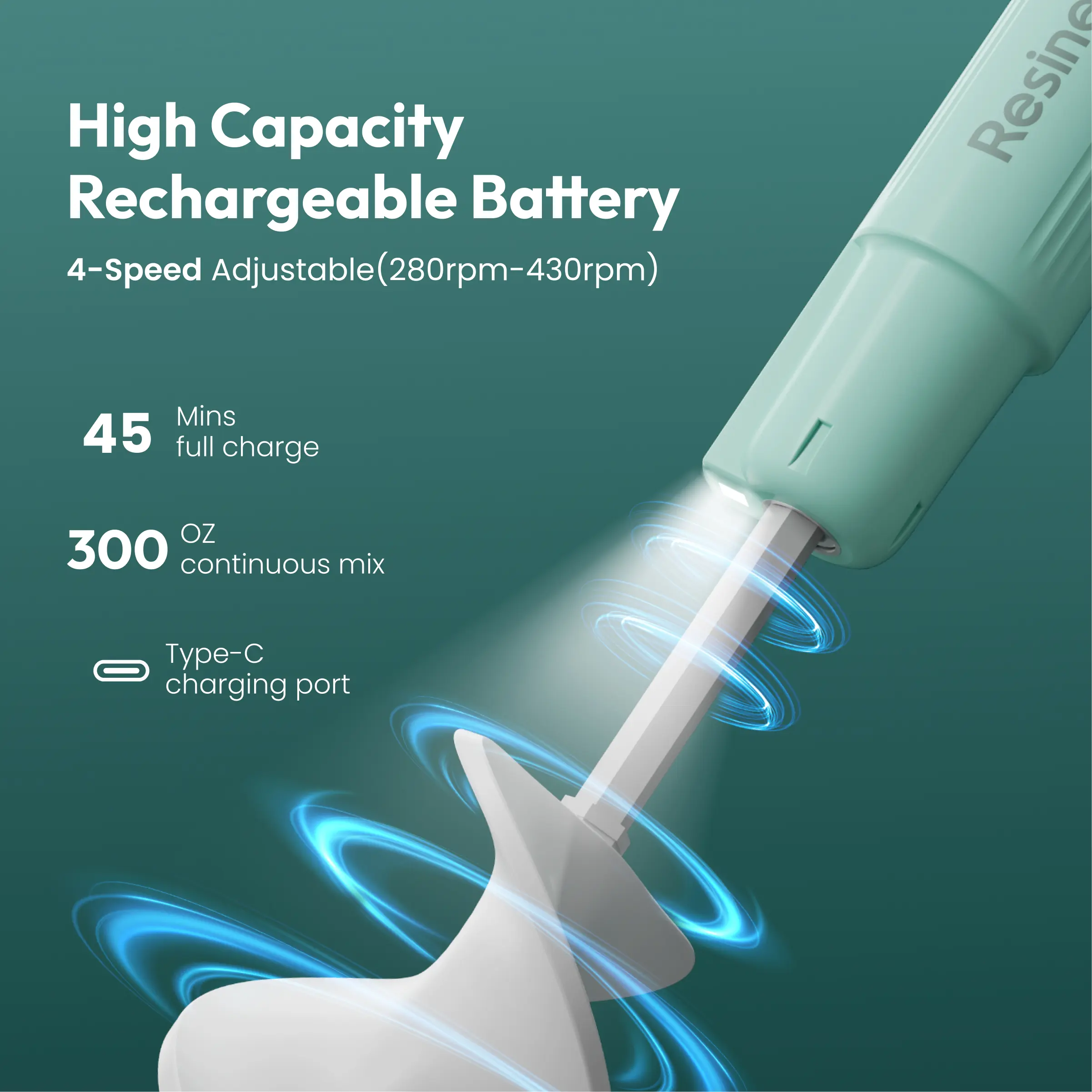 Resiners USB Rechargeable Handheld Epoxy Resin Mixer, Electric Stirrer Tool with Silicone Paddles, Lighting, 4 Speeds, LED Screen, Low Bubble Formation, Easy Clean for Epoxy Resin Molds, Paint Mixing, Usb Rechargeable Mixer, Hand Blender Mixer