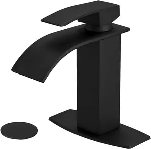 BESy Black Waterfall Spout Bathroom Faucet, Single Handle Bathroom Sink Faucet with Pop-up Drain, Rv Vanity Faucet with Deck Plate & Supply Hoses, Matte Black, 1 or 3 Hole
