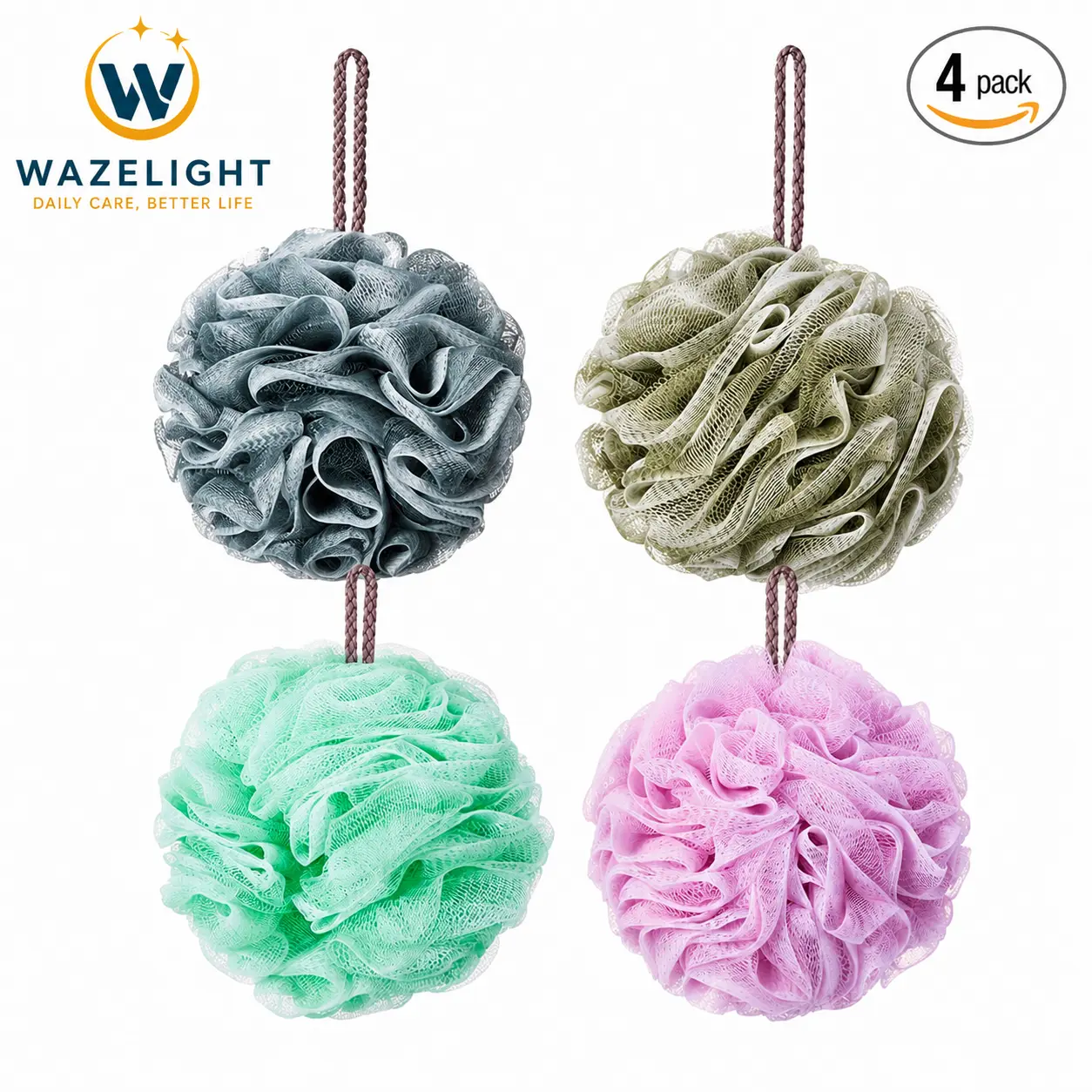 Premium Bath Loofah Sponge 4 Pack, Soft Exfoliating Shower Pouf Mesh Body Scrubber for Rich Lather, Gentle Body Wash Sponge for Women & Men