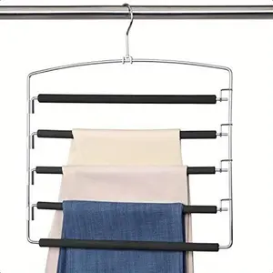 Meetu Pants Hangers 5 Layers Stainless Steel Non-Slip Foam Padded Swing Arm Space Saving Clothes Slack Hangers Closet Storage Organizer for Pants Jeans Trousers Skirts Scarf Ties Towels 2 Pack