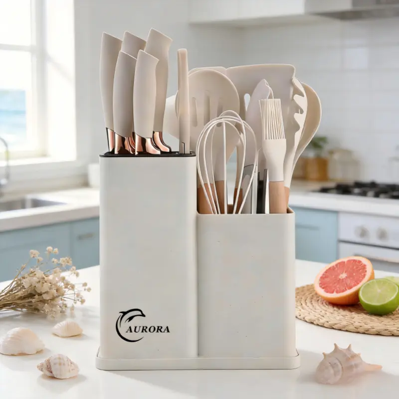 19-Piece High-Quality Silicone Cookware Set - Wooden Handle Kitchen Utensils with Knives, Heat-Resistant Non-Stick Tools, Storage-Ready for Easy Cooking & Cleaning, Silicone Spatula Set