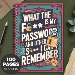 1 Fun Password Protection Notebook - 'What is my password?' design, with lock and key illustrations, 20.98x14.0 cm spiral-bound planner with perforated pages