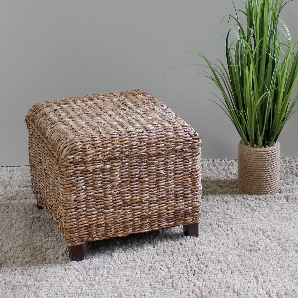 Arizona Hand-Woven Abaca Leaf Square Cushion Stool - Mahogany Hardwood Legs, Foam Seat, Salak Brown, 18 lbs, Ideal for Home & Office Furniture Use