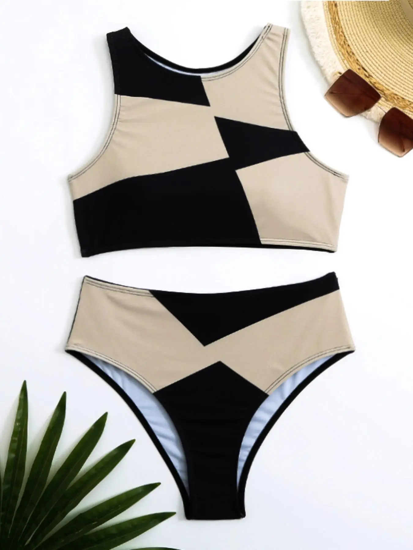 Women's 2pcs Colorblock Print Tankini, Summer Clothes Women, Printed Sleeveless Round Neck Swim Top & High Cut Swim Bottom Two-Piece Swimsuit, Women's