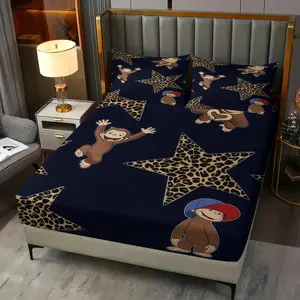 3 Piece Curious George Fitted Sheet Set, 1 Fitted Sheet + 2 Pillowcases, Cute Cartoon Monkey Leopard Star Bedding, Kids Bedroom Decor for Boys Girls Teens, Ideal Gift for Curious George Fans