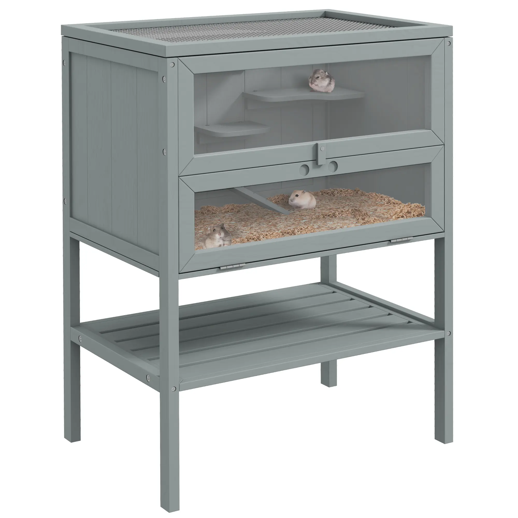 PawHut 3-Tier Wooden Hamster Cage Mice and Rat Cage Small Animals Hutch with Openable Top, Front Door, Storage Shelf, Gray