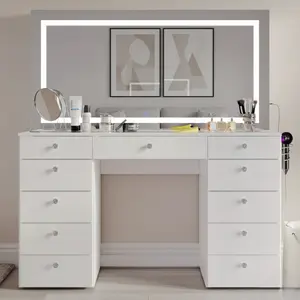 Nocapfurniture Isabella Luxe Vanity with Bluetooth Speakers, Smart LED Mirror, Power Hub, Crystal Knobs, Jewelry Organizer, and Expansive Dimensions