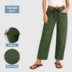 Flamingals Drawstring Patched Pocket Mid Waist Barrel Leg Pants Stretchy 26.4 Inseam