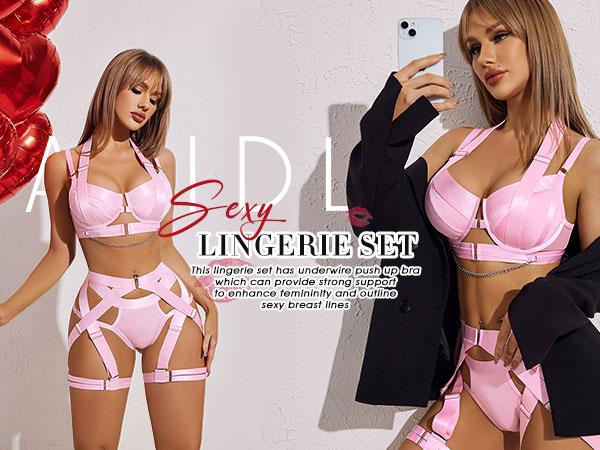 Avidlove Lingerie Set for Women Strappy Lingerie Underwire Push Up Bra Garter Set Lingerie with Chain Fit Breathable SpringStatements