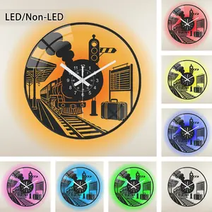 1pc Retro Vinyl Record Style Wall Clock with Tempered Glass Round Frame, and Train Station Illustration, Perfect for Home Decor, Available in 25 30 35 Cm Sizes, Ideal Gift for Any Occasion