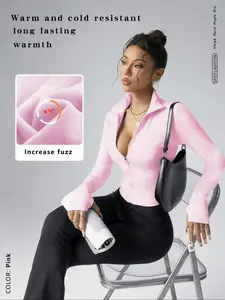 Women's Fleece Lined Long Sleeve Yoga Jacket, High Neck Zipper Closure, Fitness Casual Top, Tight Fit Sports Wear, Athletic Outerwear