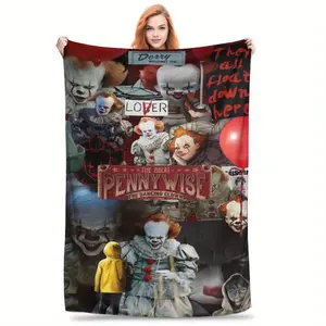 Horror-themed Blanket Soft Cozy Pennywise Clown Print Flannel Throw Blanket, Machine Washable, All-Season, Contemporary Style, Perfect for Sofa, Office, Bed, Camping, Digital Print, Polyester Fabric, No Embellishments