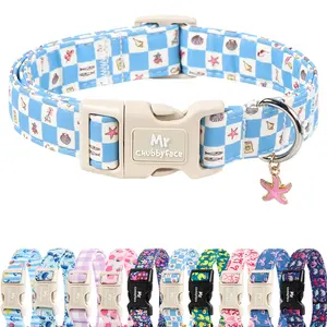 Mr.Chubbyface Summer Dog Collar, Adjustable Blue Ocean Plaid Puppy Accessory with Quick-Release Buckle for Small, Medium & Large Dogs