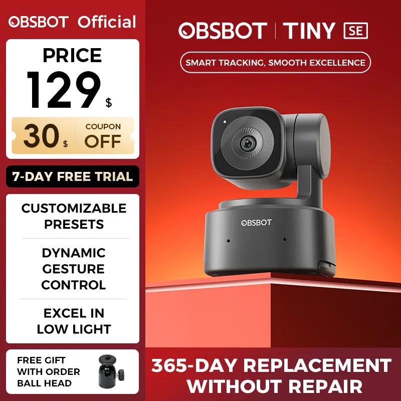 OBSBOT Tiny SE 1080P Webcam 100 FPS with AI Tracking, 1/2.8