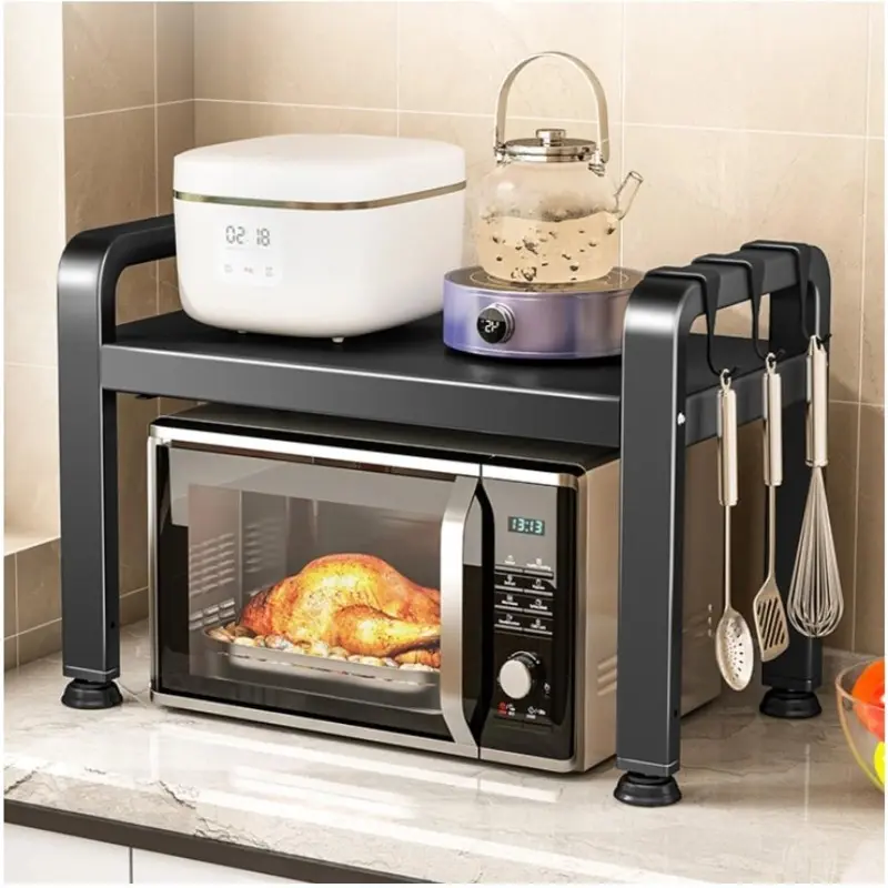 2-Tier Microwave Stand, Adjustable Height Kitchen Storage Rack with 6 Hooks, Knife Holder, Cutting Board Holder, Utensil Organizer, Steel Bread & Oven Shelf, Easy to Assemble, Black (25.2 x 14.17 x 18.5 Inches), Freestanding Countertop Organizer, 1 X Micr