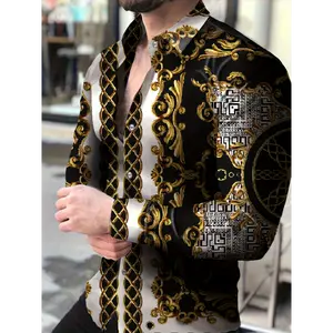 Long Sleeve Casual Shirt - Polyester Button-Up Non-Stretch Fabric with Golden Chain Print for Spring/Fall, Leisure Style